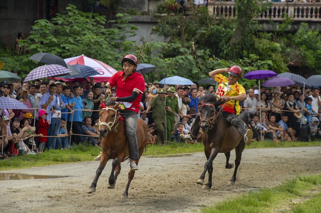 bac stock Colorful horse racing event at the Bac Ha Festival in Lào Cai, Vietnam.