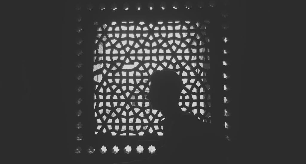 Aajkitajikhabar .com Dramatic silhouette of a man against a detailed lattice window in Delhi, India.