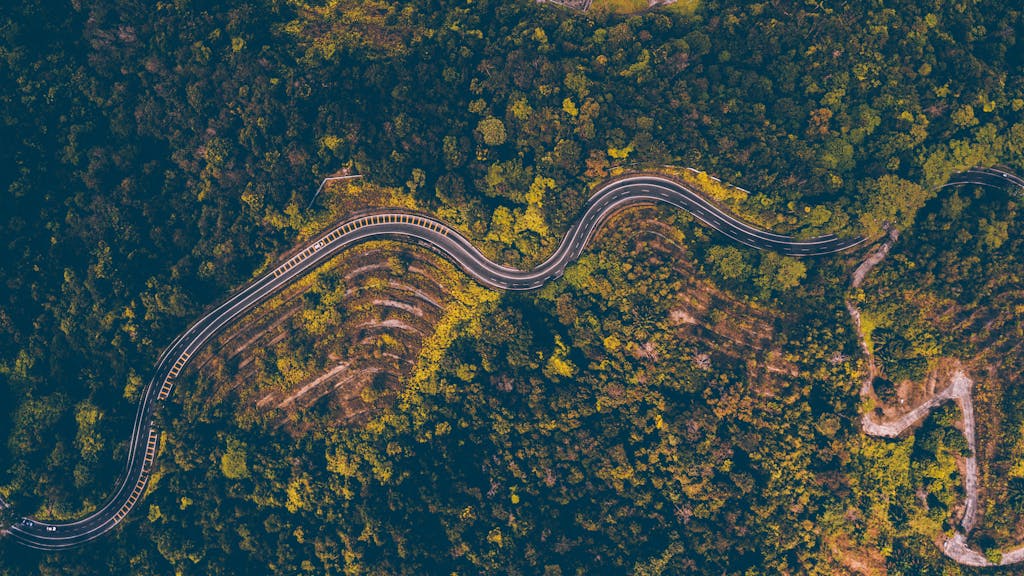 Messagenal Explore the mesmerizing aerial view of a winding road cutting through the dense forest in Batang Kali, Malaysia.