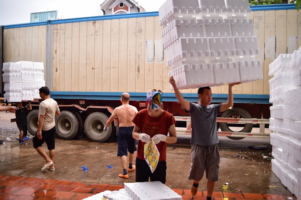 bac stock Workers load styrofoam boxes at a truck in Bac Giang, Vietnam, showcasing teamwork.