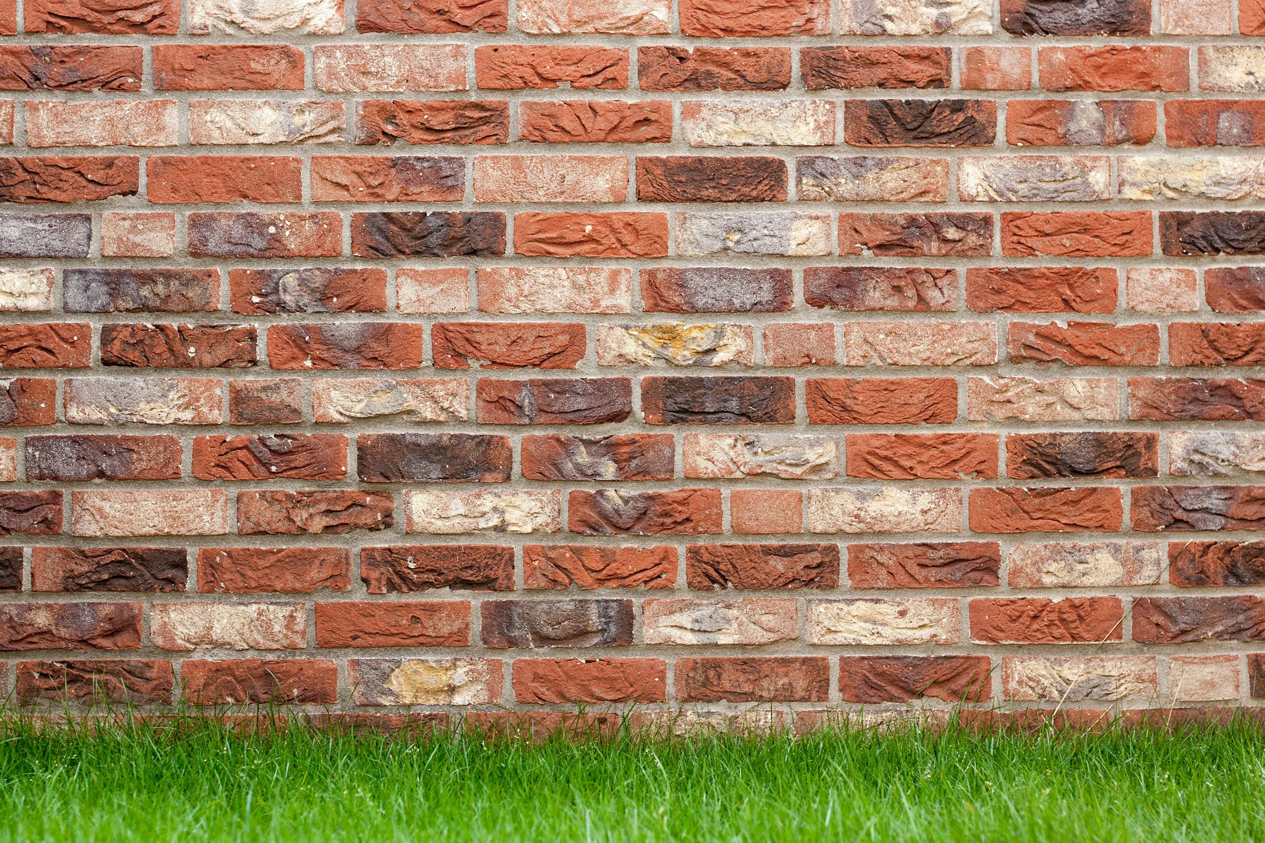Voozon A textured red brick wall with fresh green grass at the base, ideal for backgrounds.